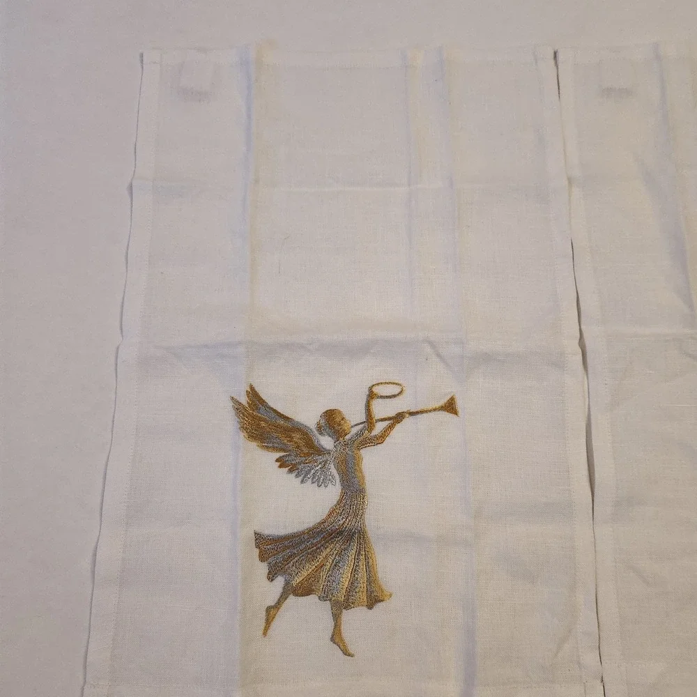 Anali Embroidered Linen Set of 2 Gold Silver Angels Trumpet White